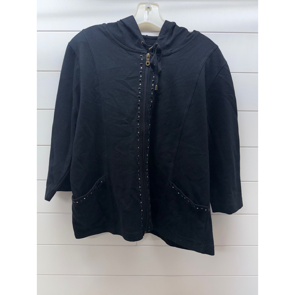 Onque Petite Womens Black Studded Zip Up Hoodie Jacket 3/4 Sleeve PXL